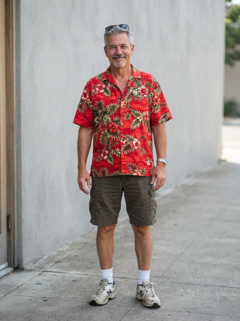 AI-generated portrait of a fictional grey-haired man in a red Hawaiian shirt