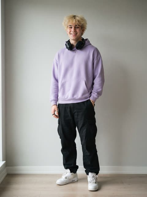 AI-generated portrait of a fictional blond young man in a lavender hoodie with headphones