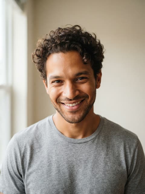 AI-generated portrait of a fictional curly-haired man in a grey T-shirt